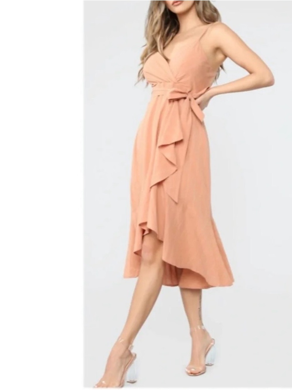 Fashion Nova Peach Mauve High-Low Midi Ruffle Wrap Dress On the Move